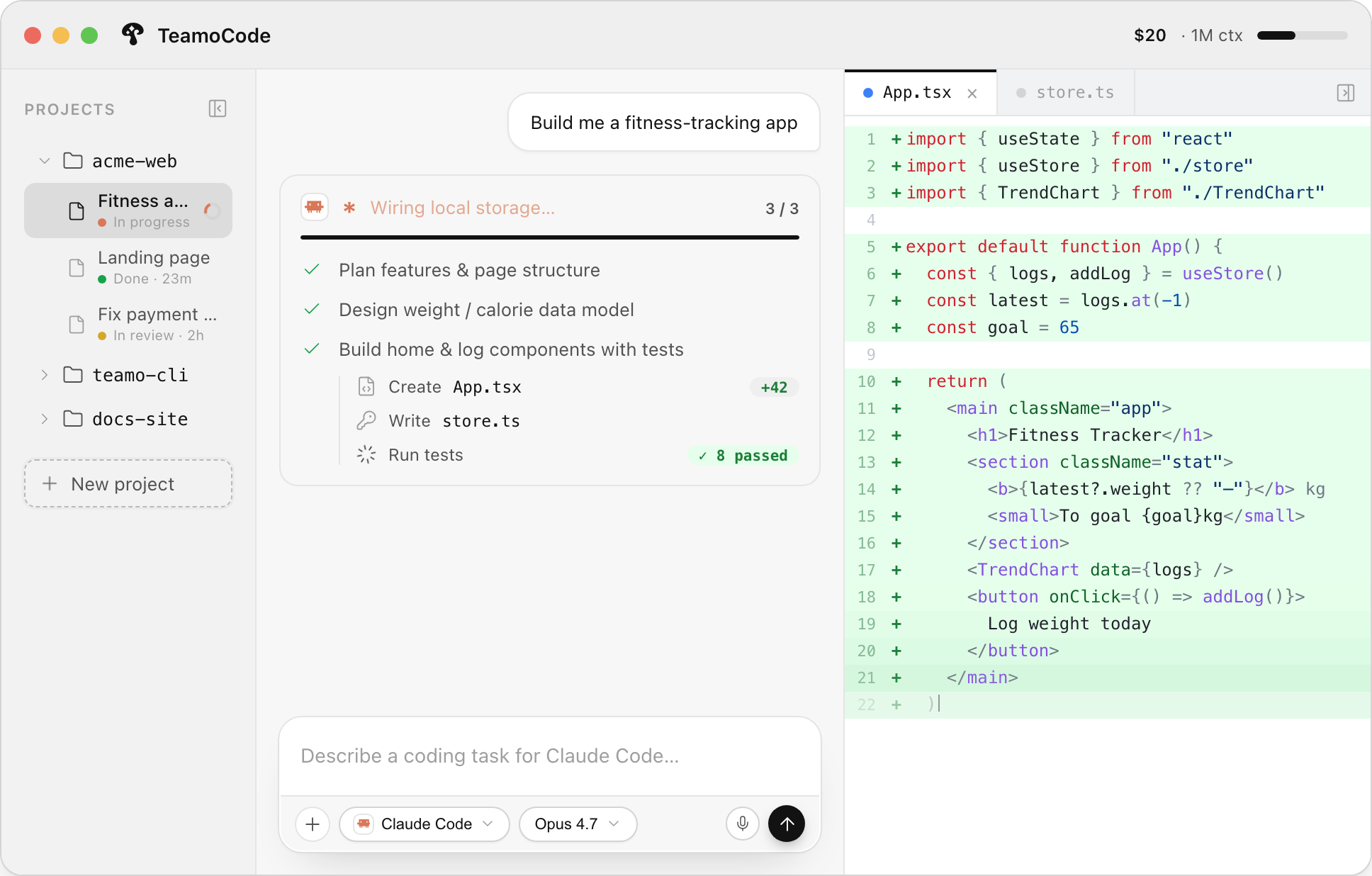 TeamoCode desktop running on a MacBook Pro: project list, AI plans, executes and writes the code